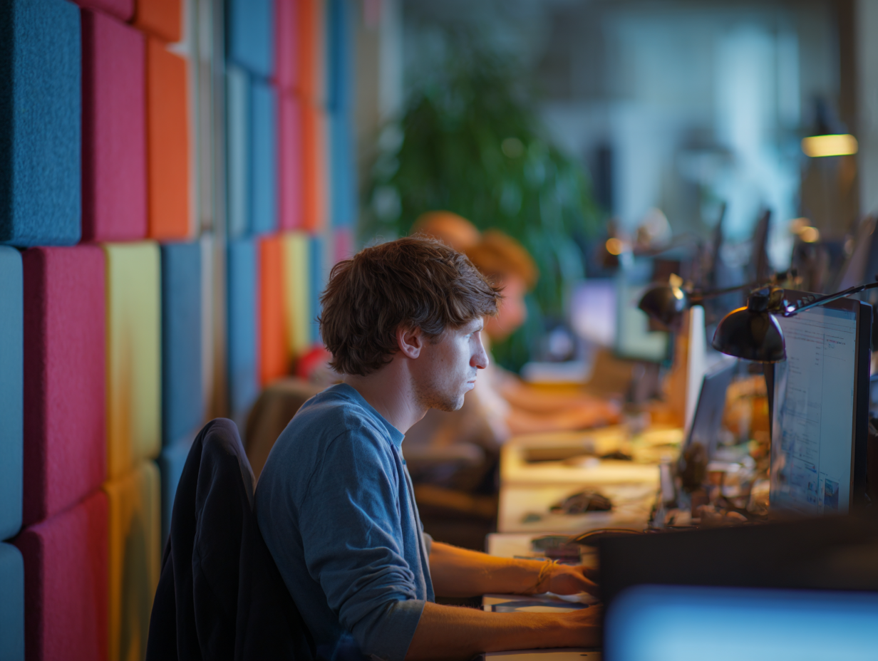 Man working at a computer in an office with colorful acoustic wall panels